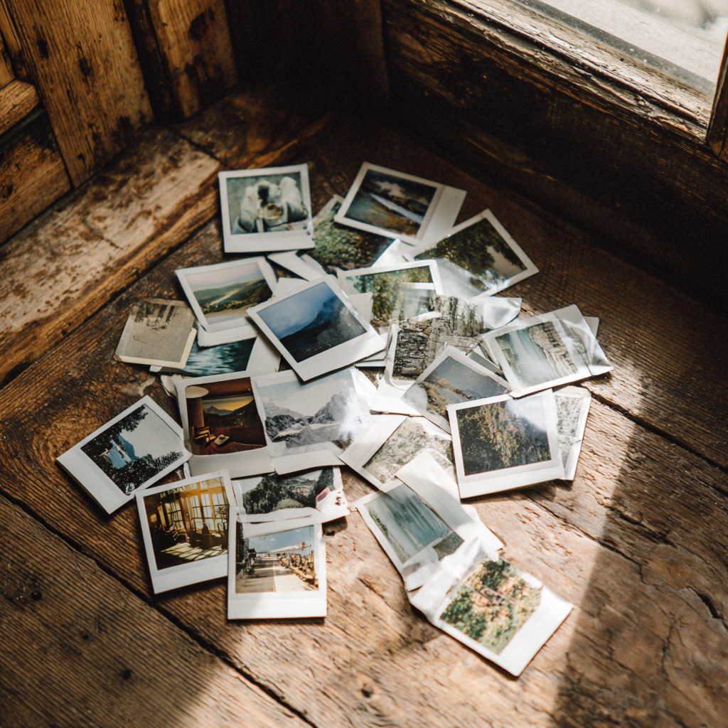 Polaroid photos scattered on a cabin floor | Source: Midjourney