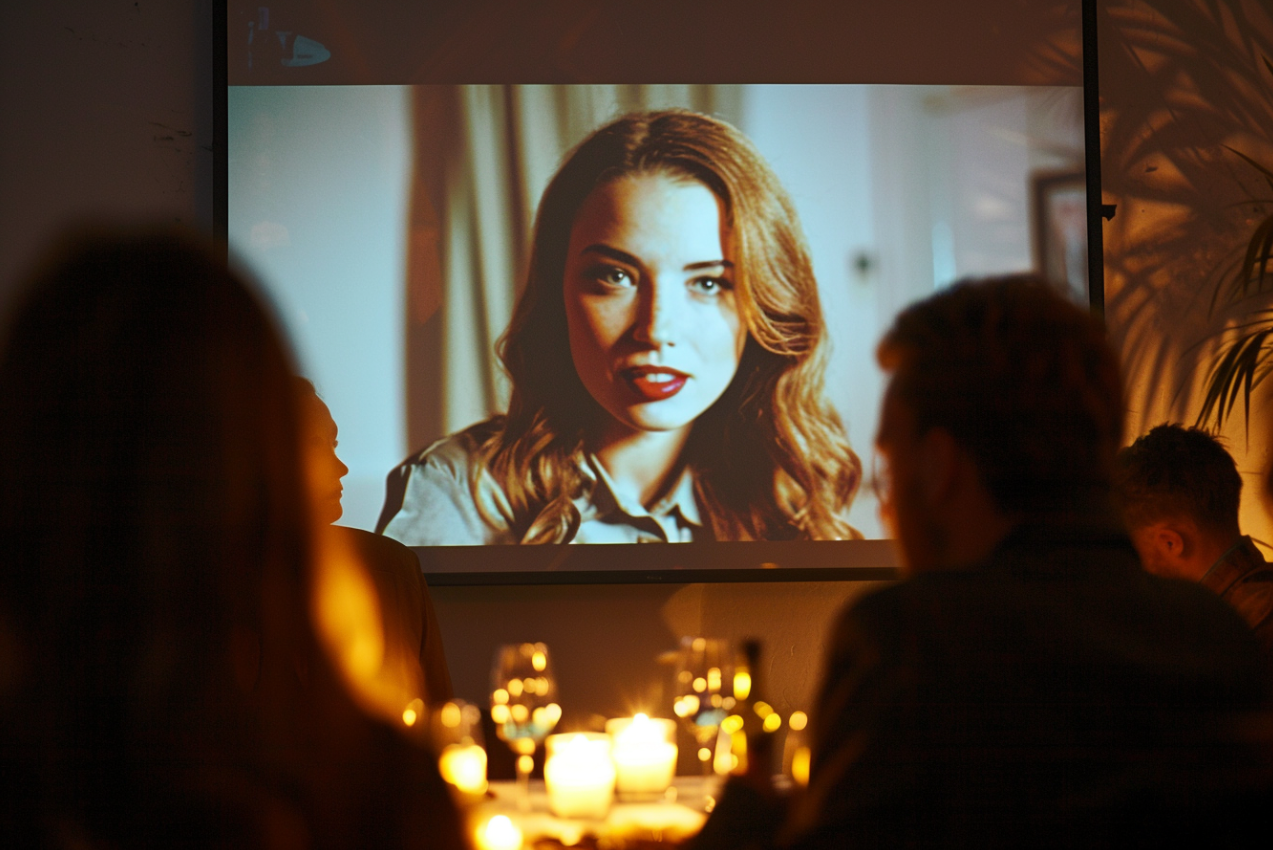 A projector screen showing a video clip of a woman speaking | Source: MidJourney