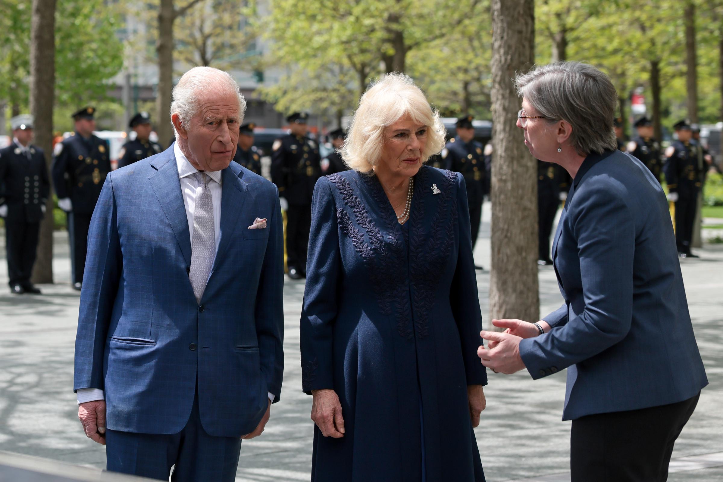 King Charles III and Queen Camilla speak with Beth Hillman, president and CEO of the National September 11 Memorial & Museum, on April 29, 2026 | Source: Getty Images