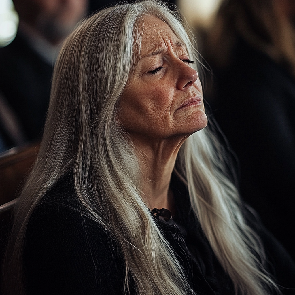 An upset older woman sitting at a funeral | Source: Midjourney