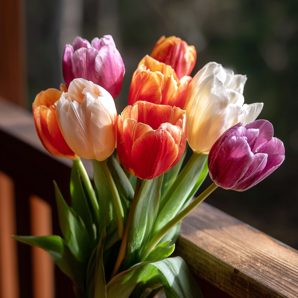 A bunch of tulips on a porch | Source: Midjourney