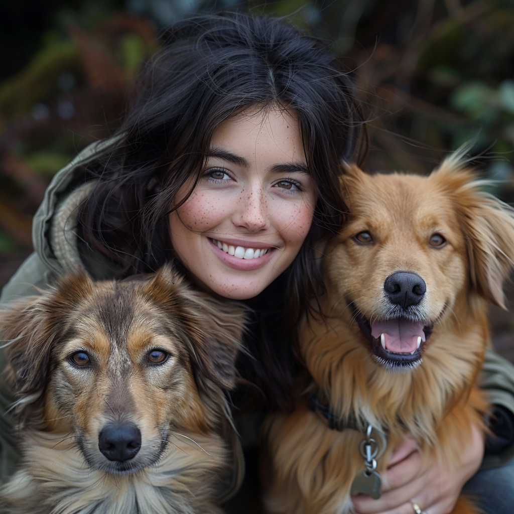 A woman with her two dogs | Source: Midjourney