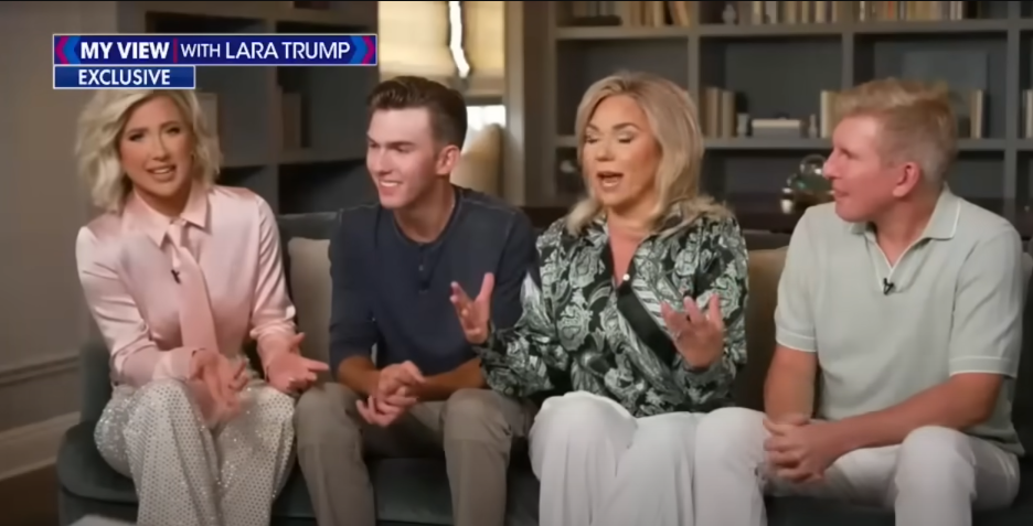 Savannah, Grayson, Julie, and Todd Chrisley while they talk about the presidential pardons on "My View with Lara Trump," from an exclusive teaser posted on June 25, 2025 | Source: Youtube/Fox News