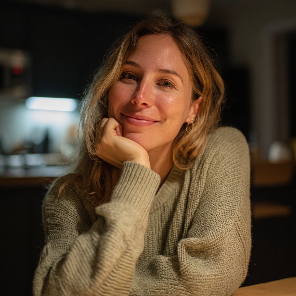 A smiling woman sitting at a table | Source: Midjourney