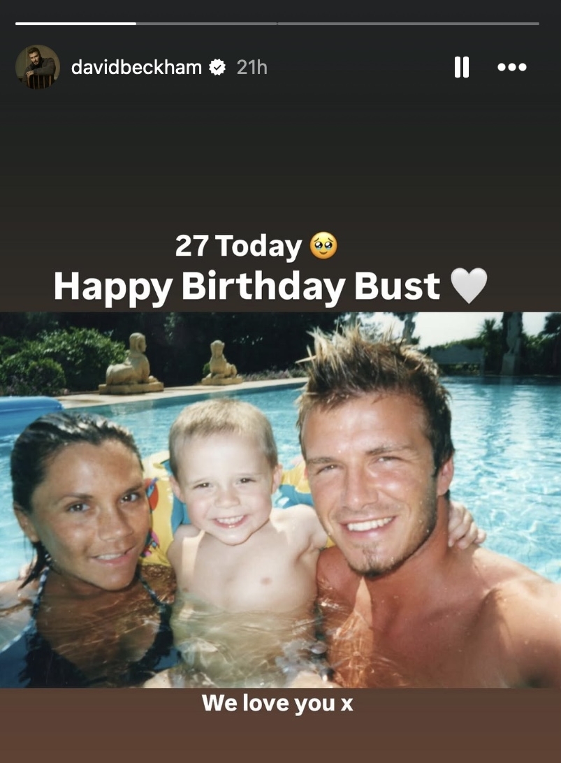 David Beckham shared this throwback poolside photo with Victoria Beckham and a young Brooklyn Peltz Beckham as part of a birthday tribute posted to his Instagram Story on March 4, 2026. The former England football captain accompanied the image with a heartfelt message celebrating his son's 27th birthday, using the affectionate nickname "Bust" and writing that the family loves him. | Source: Instagram/davidbeckham