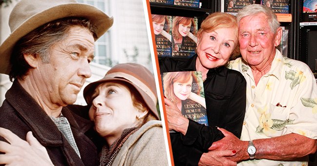 (L) Actress Michael Learned embraces actor Ralph Waite in scene from the TV series "The Waltons." (R) Michael Learned and Ralph Waite attend the signing of Mary McDonough's book 'Lessons From the Mountain: What I Learned From Erin Walton' at Book Soup on April 16, 2011 in West Hollywood, California | Photo: Getty Images