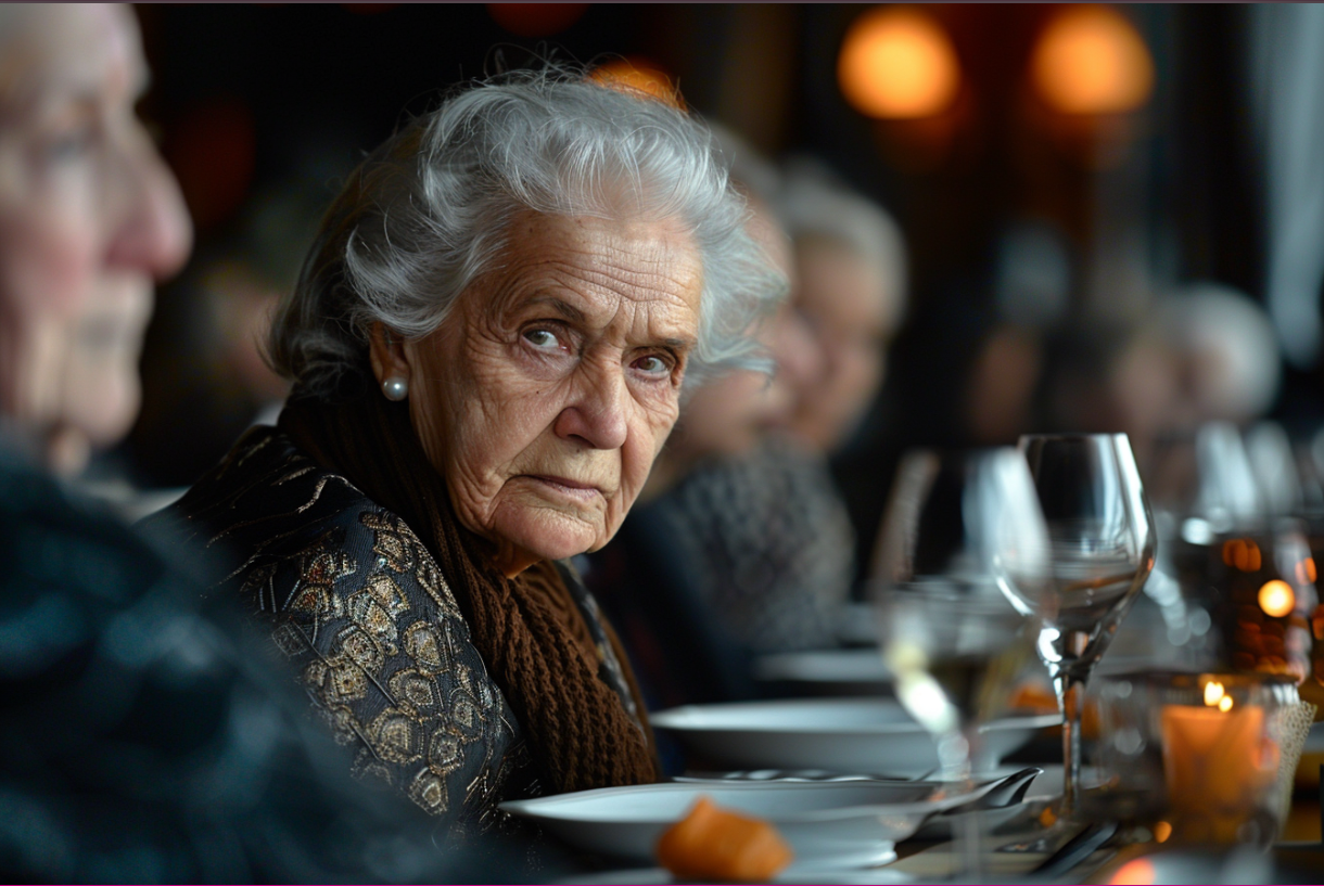 A mature woman seated at a full table in a restaurant | Source: Midjourney