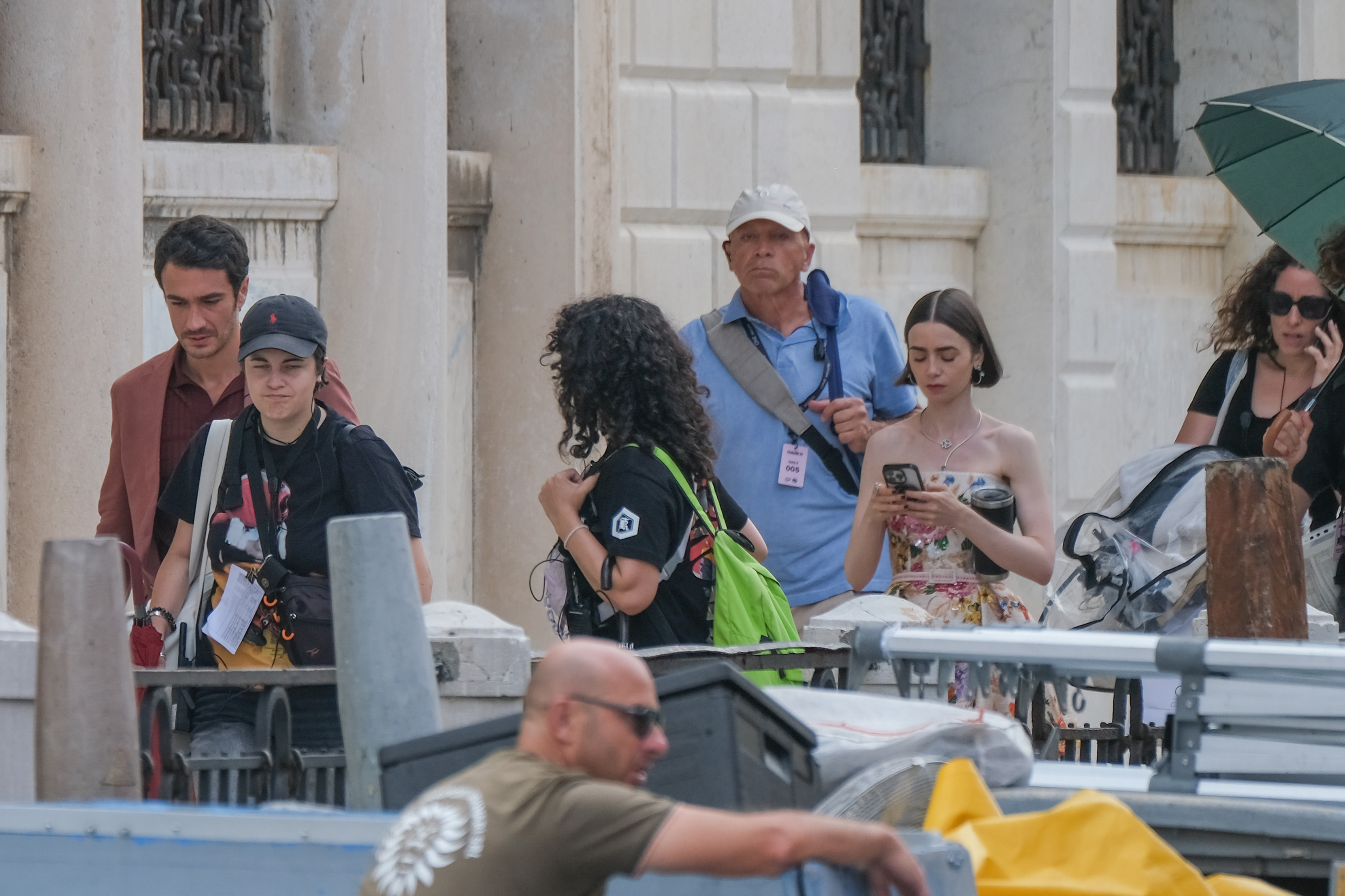 Lily Collins is seen filming on the set of "Emily In Paris" on August 16, 2025 in Venice, Italy. | Source: Getty Images
