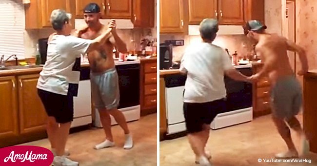 Mom can’t sleep so she asks her shirtless son for a dance, and their jazzy routine goes viral