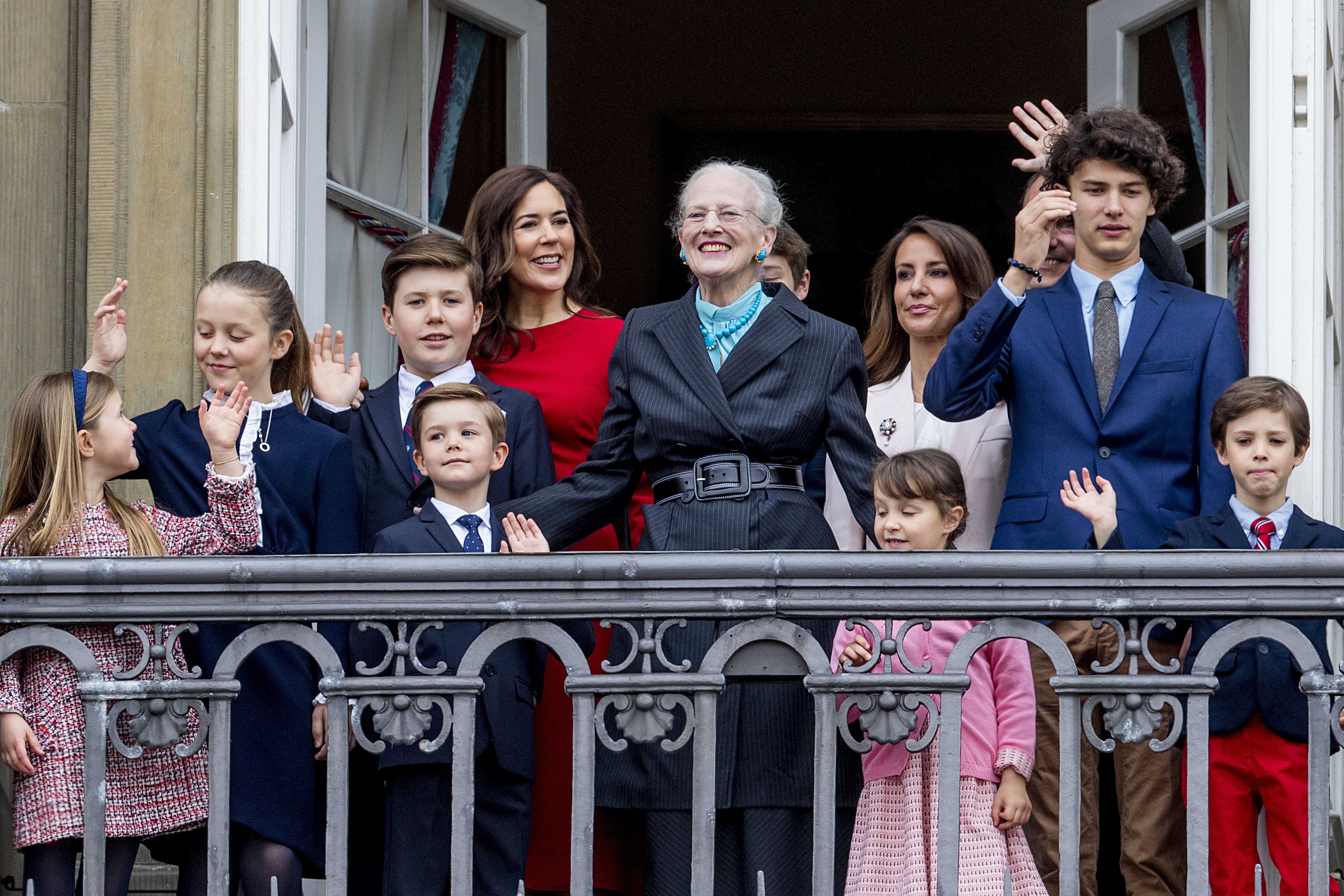Queen Margrethe of Denmark, Crown Princess Mary of Denmark, Prince Christian of Denmark, Princess Isabella of Denmark, Prince Vincent of Denmark, Princess Josephine, Prince Joachim of Denmark, Princess Marie of Denmark, Prince Nikolai of Denmark, Prince Felix of Denmark, Prince Henrik of Denmark and Princess Athena of Denmark at the balcony of Amalienborg palace on April 16, 2018, in Copenhagen, Denmark. | Source: Getty Images