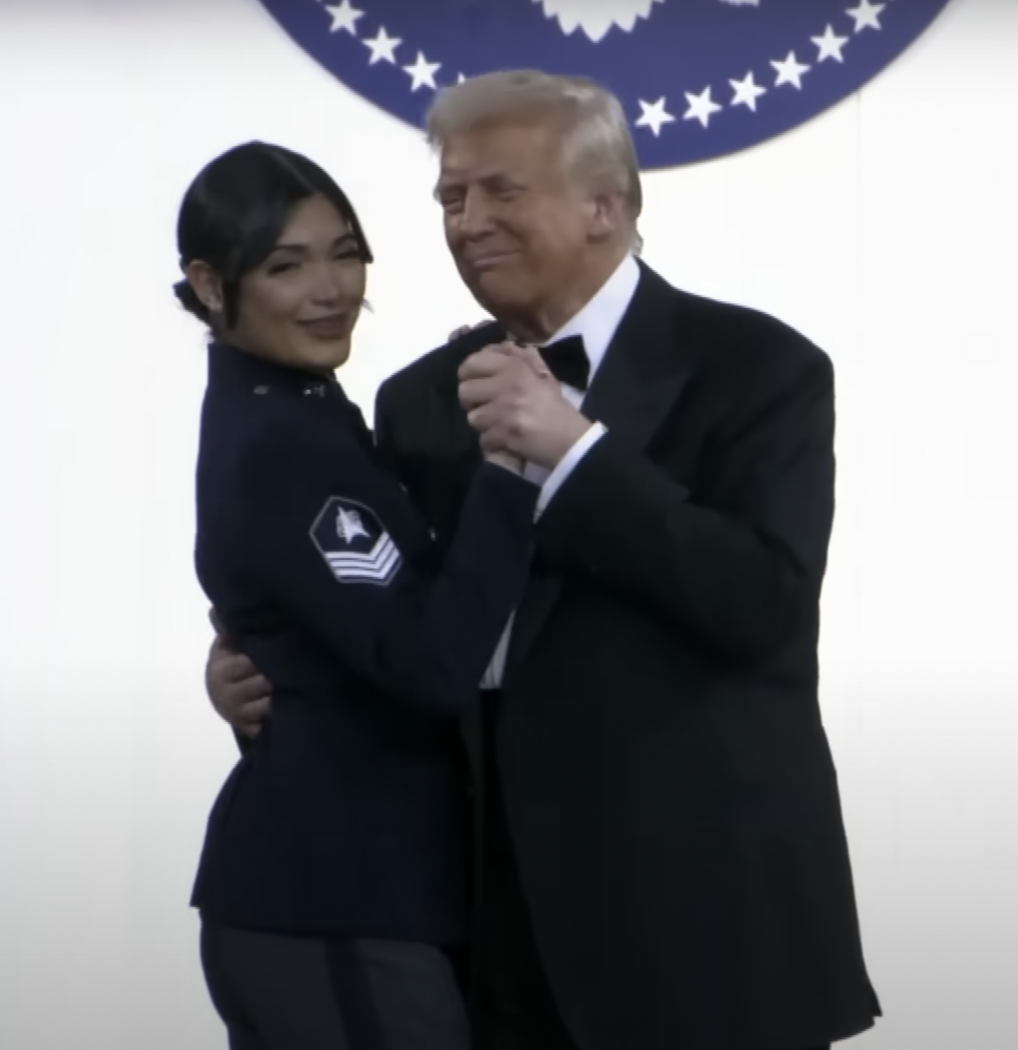 President Donald Trump dances with U.S. Space Force Sergeant Tatiana Saldana on January 20, 2025 | Source: YouTube/@InsideEdition