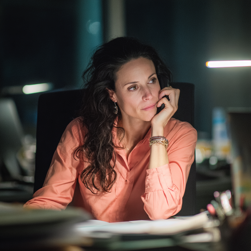 A woman sitting at her desk and talking on the phone | Source: Midjourney