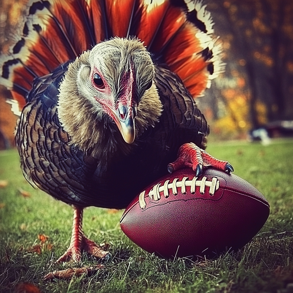 A turkey holding a football | Source: Midjourney