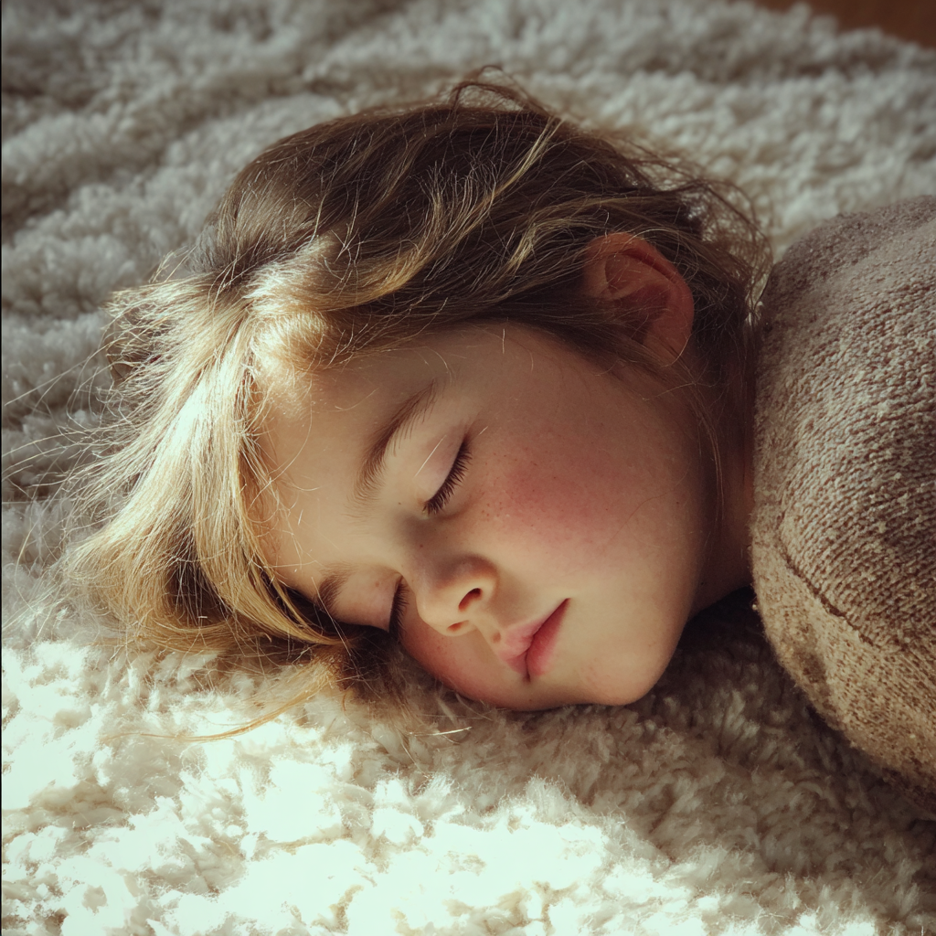A little girl sleeping on a white rug | Source: Midjourney