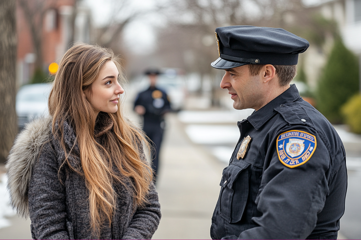 A woman speaking to a police officer | Source: Midjourney