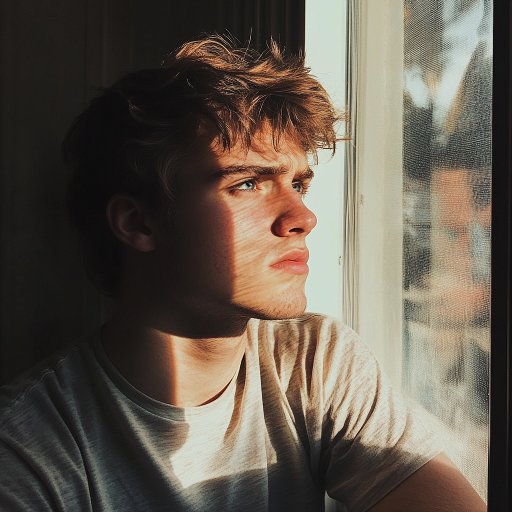 An upset young man looking out a window | Source: Midjourney