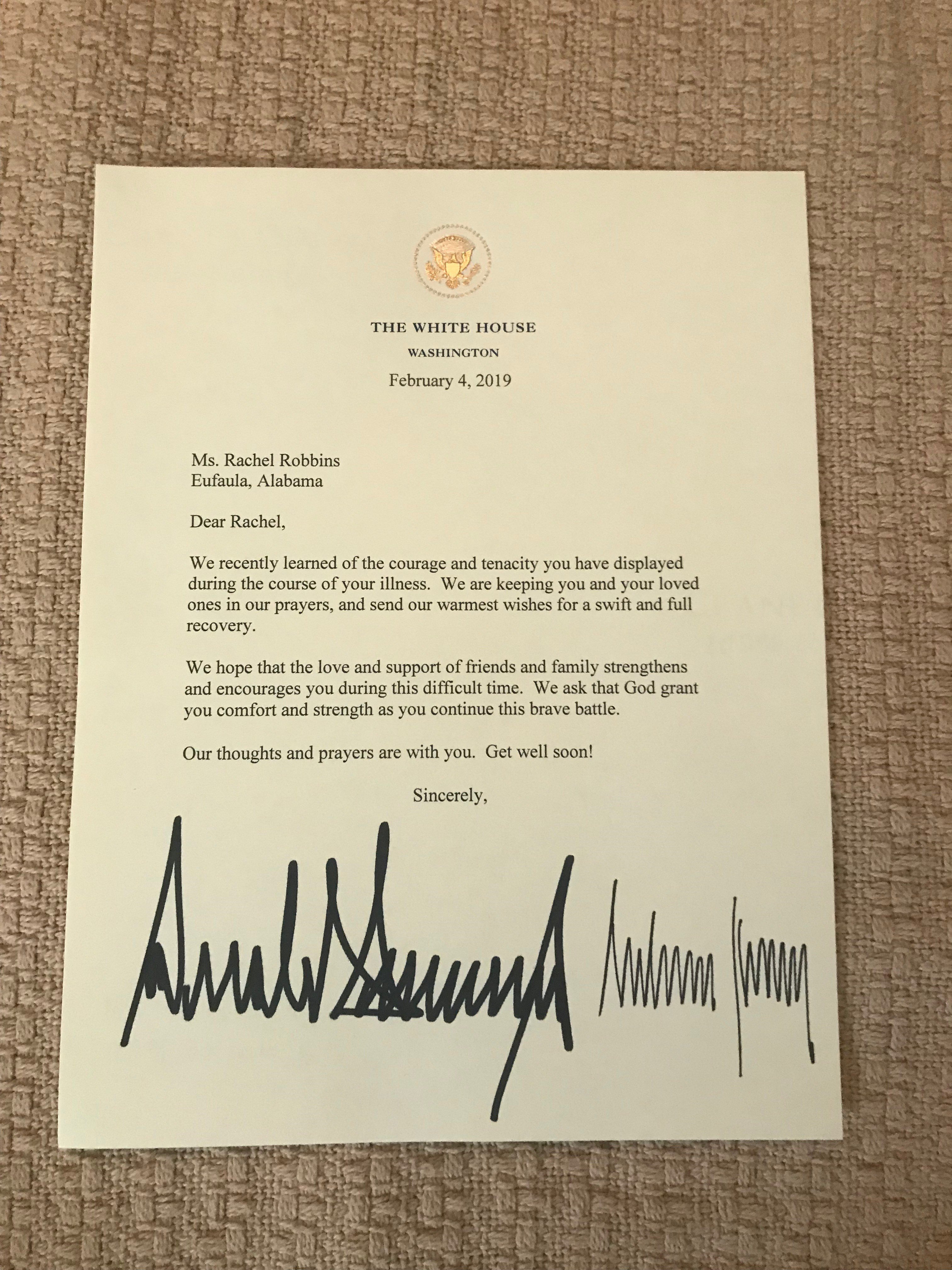 Letter sent to Rachel Robbins from Donald Trump and Melania Trump | Liberty Counsel Website