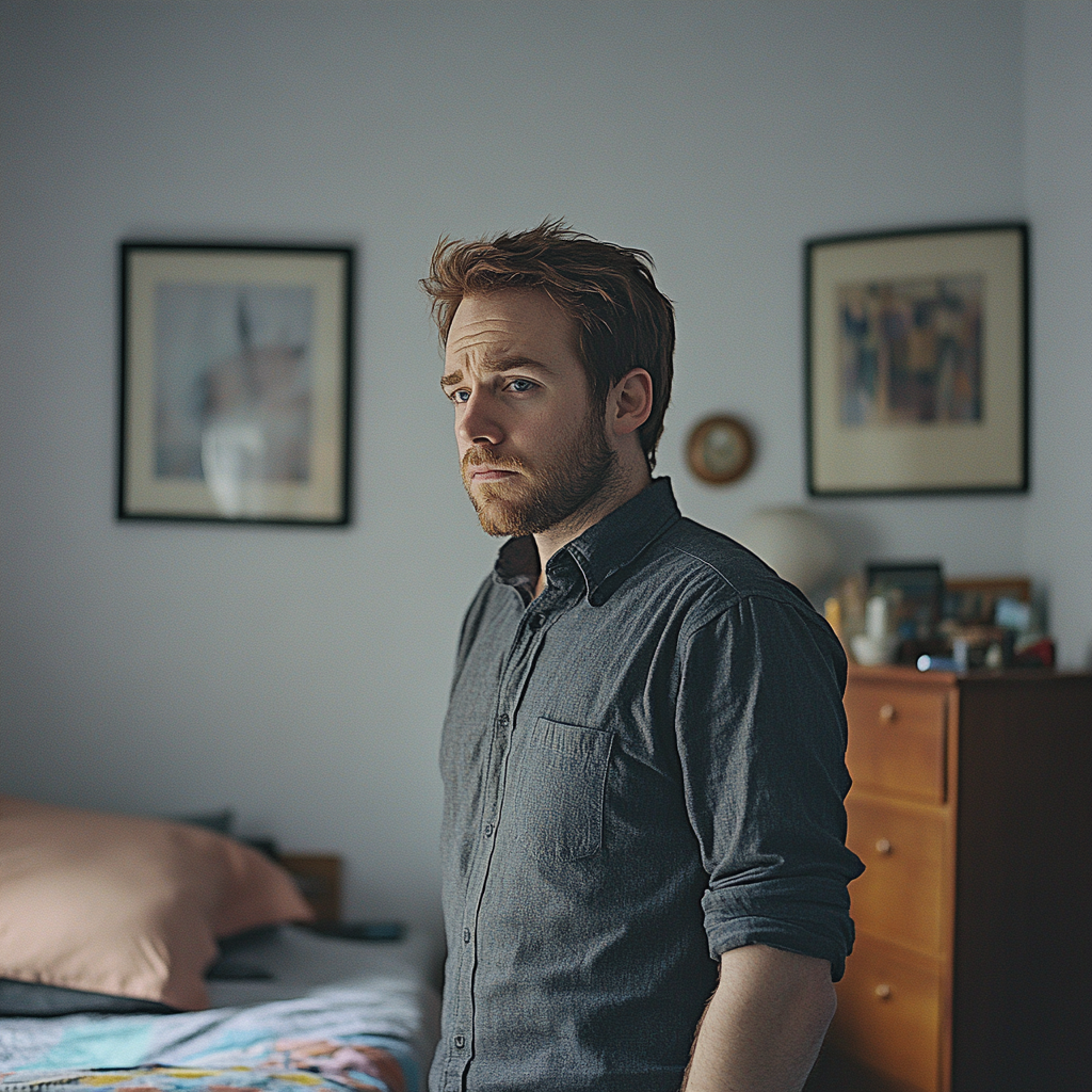 An unhappy man standing in his bedroom | Source: Midjourney