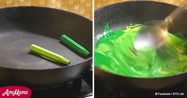 Man melts crayons in a pan but the result is really unexpected