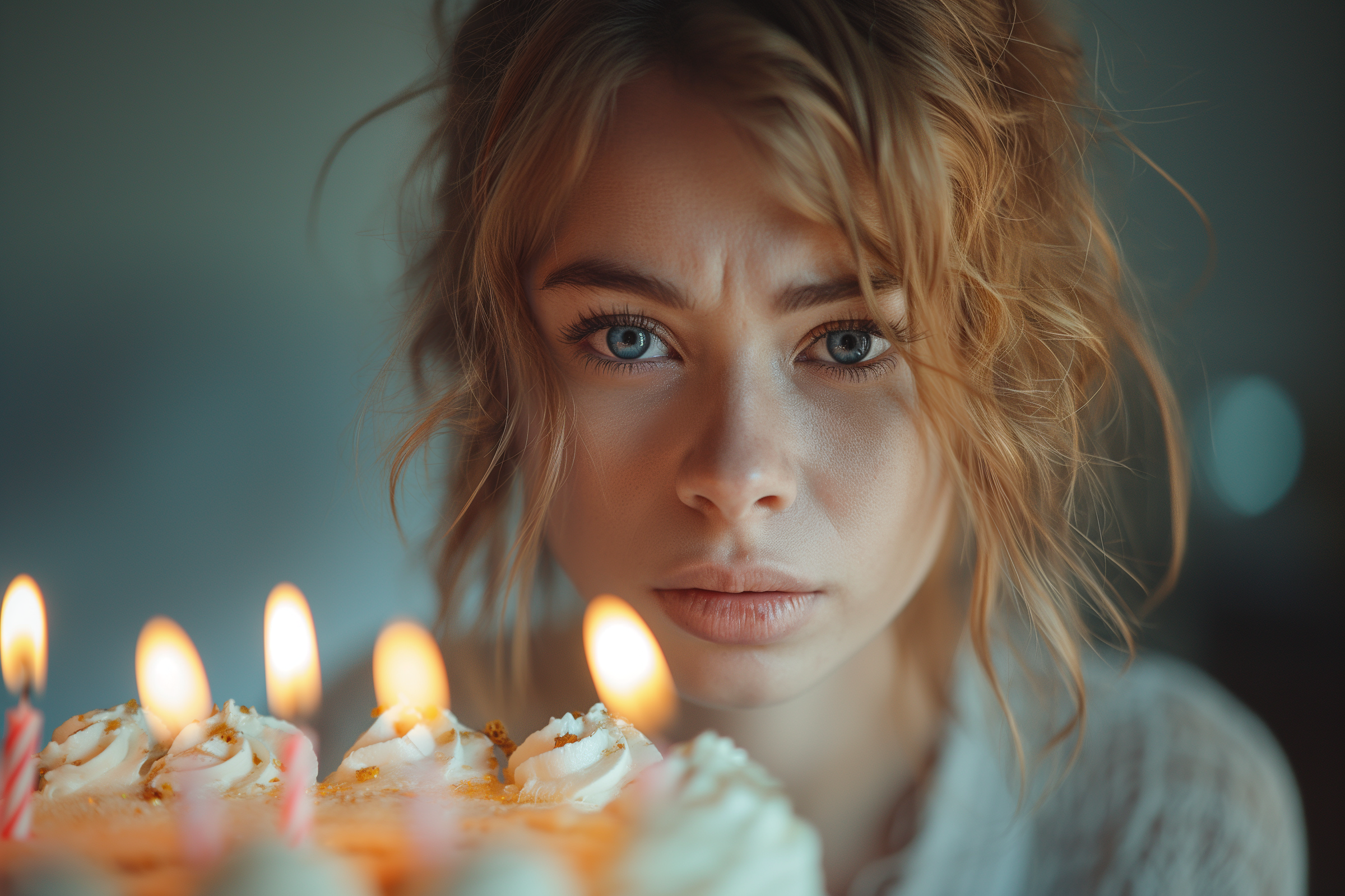 Serious woman and birthday cake | Source: Midjourney