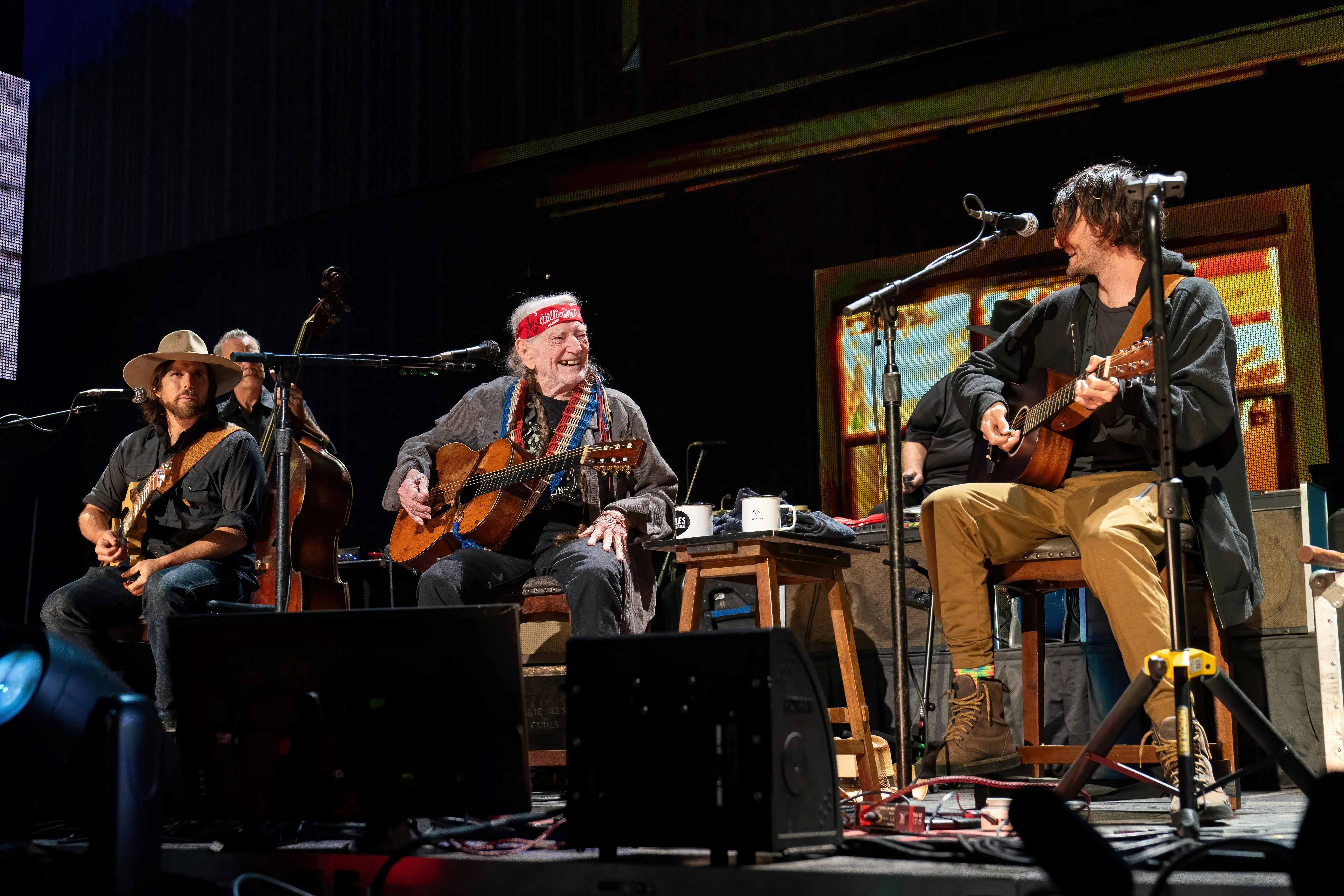 Willie Nelson with his sons Lukas and Micah Nelson perform during the Farm Aid Music Festival on September 23, 2023 in Noblesville, Indiana | Source: Getty Images