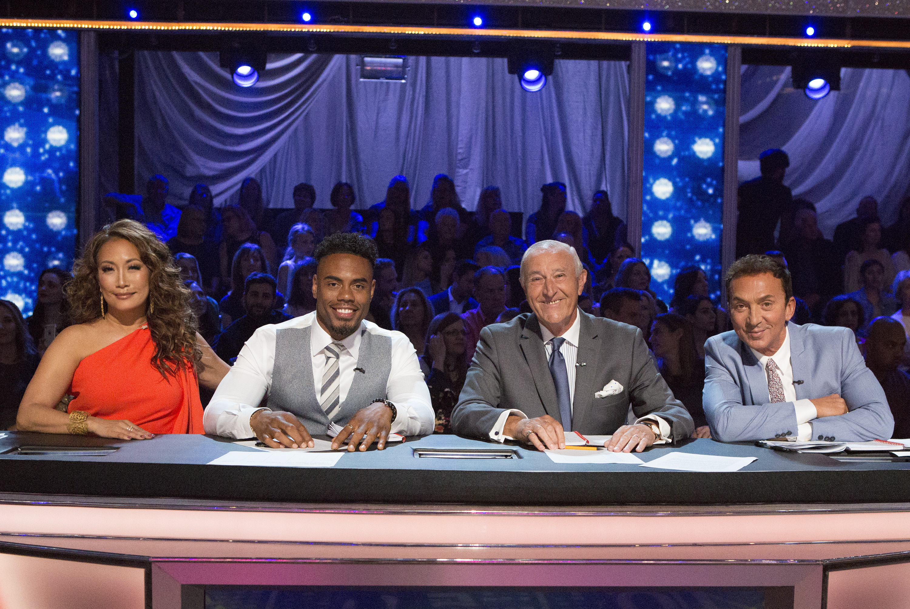 Carrie Ann Inaba, Rashad Jennings, Len Goodman, Bruno Tonioli pictured on the sets of Season 26 of "Dancing with the Stars" on May 7, 2018 | Source: Getty Images