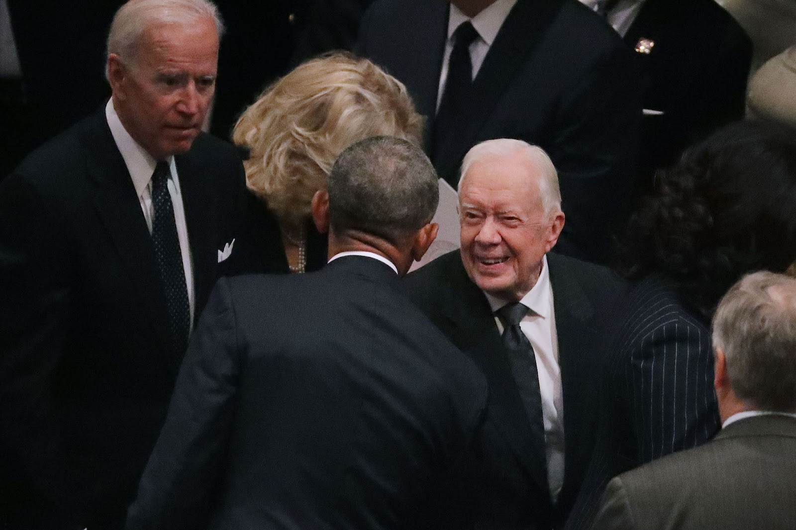 Barack Obama and Jimmy Carter during the state funeral for former President George H.W. Bush at the National Cathedral on December 5, 2018, in Washington, D.C. | Source: Getty Images