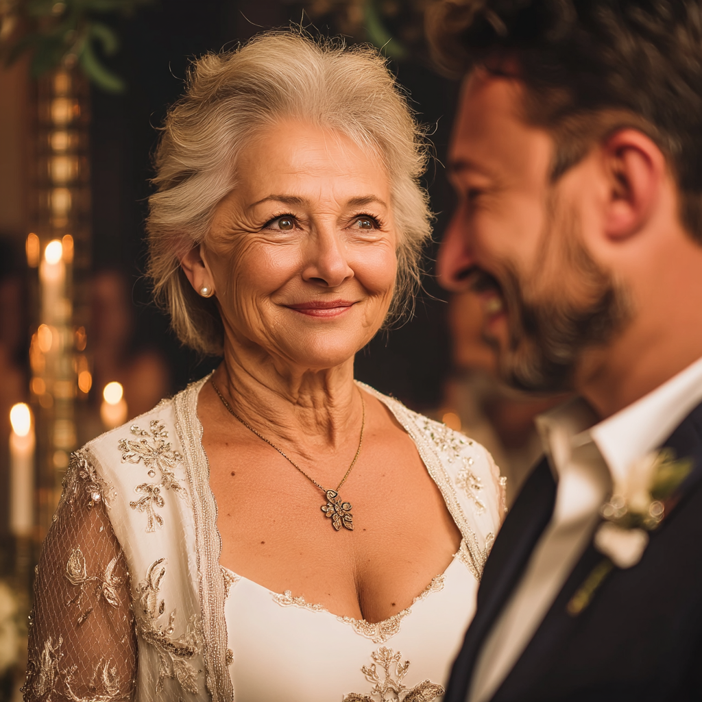 A senior woman at her son's wedding | Source: Midjourney