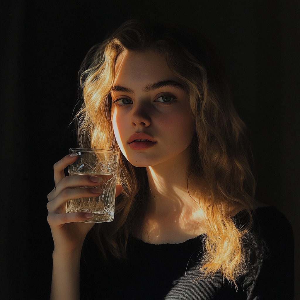 A young woman holding a glass of water | Source: Midjourney