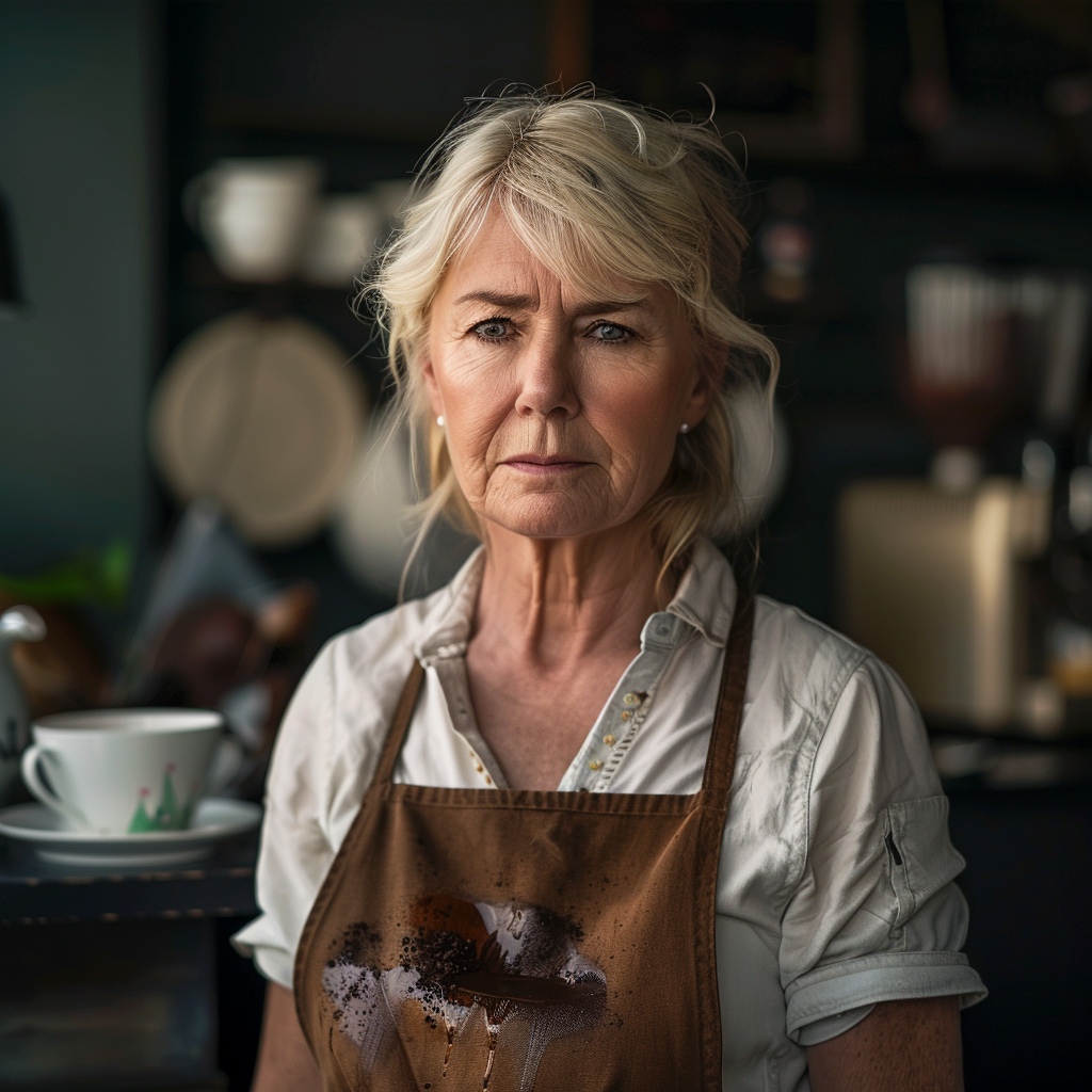 A waitress with coffee stains on her dress | Source: Midjourney