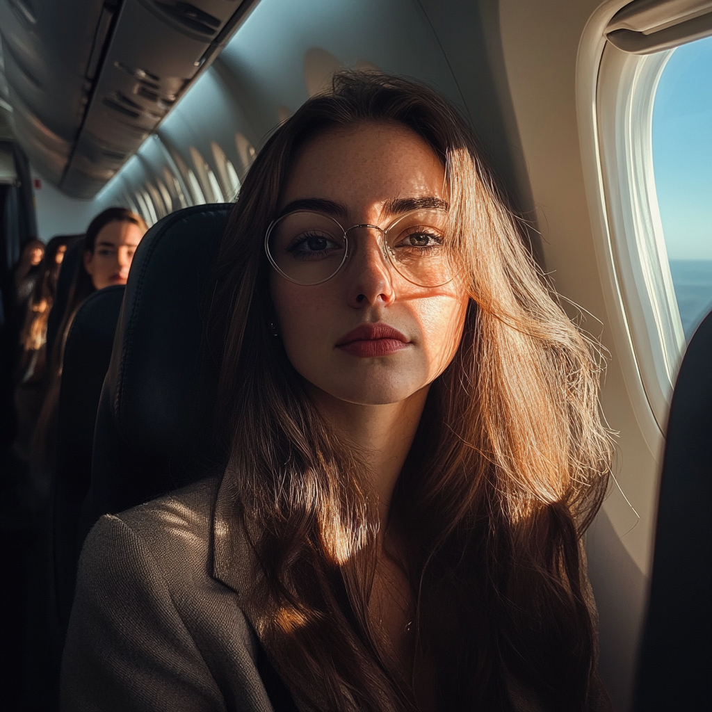 Woman in a plane full of passengers | Source: Midjourney