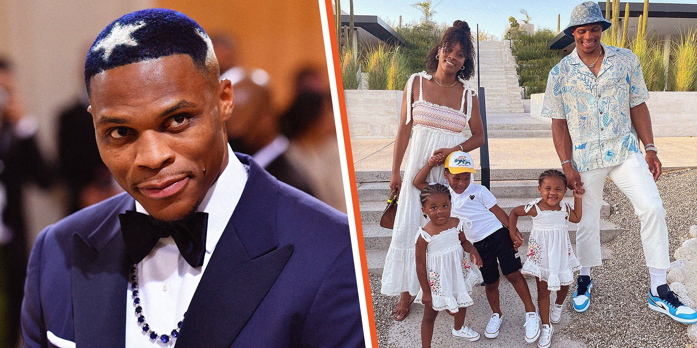 Russel Westbrook, Nina Earl, and their three children. | Source: Getty Images / Twitter.com/russwest