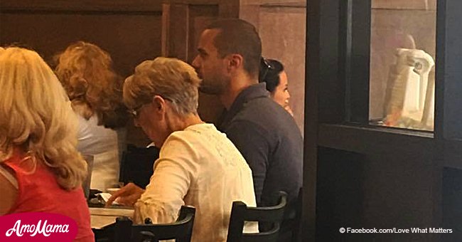Senior woman waits for a table at a restaurant, but a stranger asks her to sit next to him