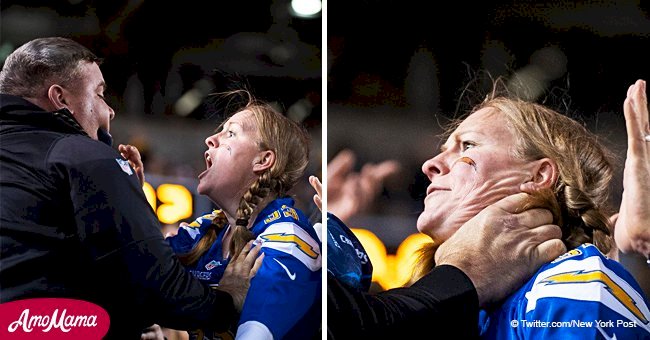 Female 'Chargers' fan choked during an altercation with a large male 'Steelers' fan