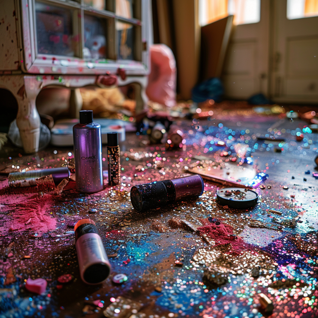 A mess caused by cheap, sticky, and glittery products spilled on the floor | Source: Midjourney