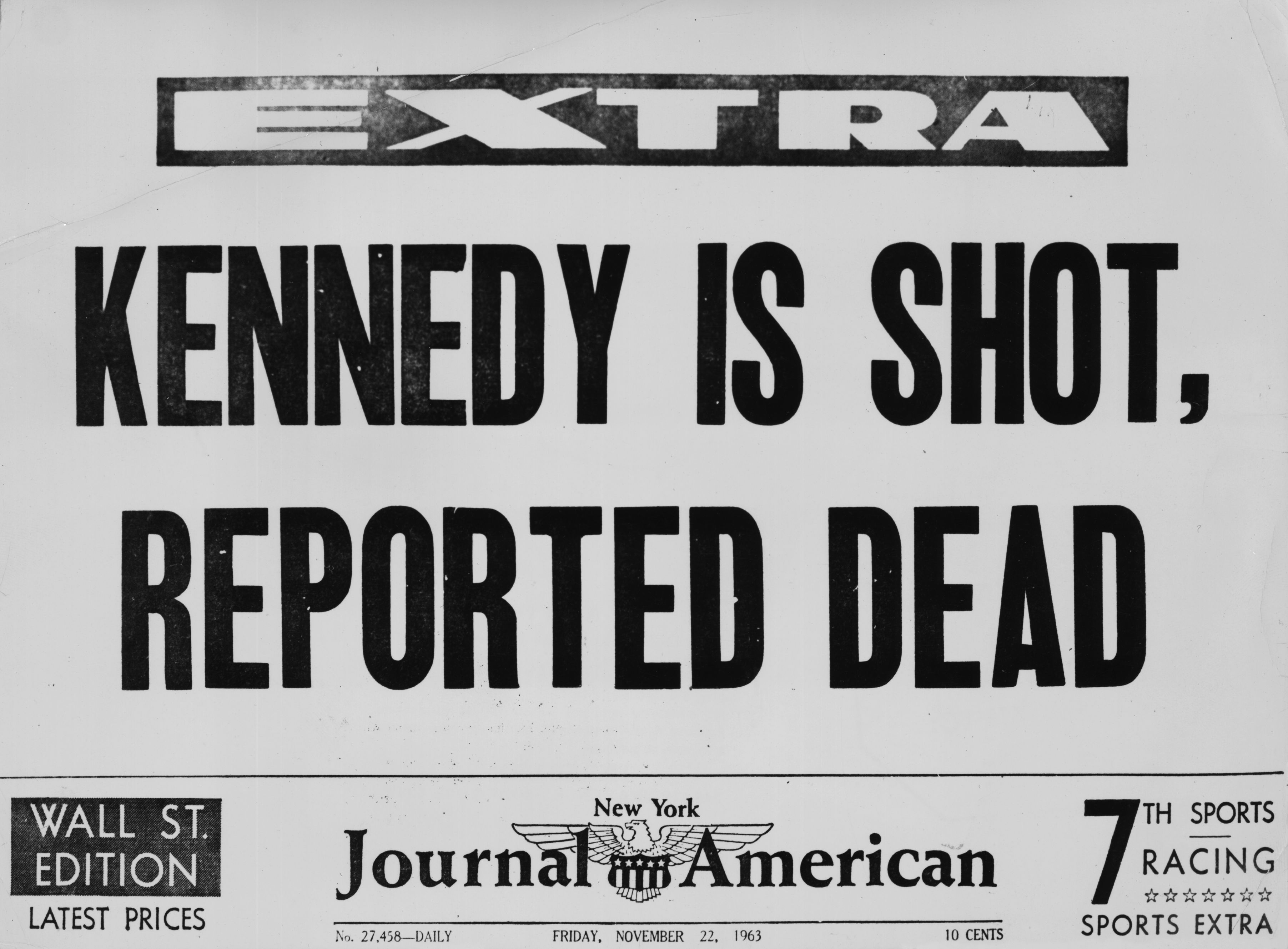 The front page of the New York American Journal, announcing that President John F. Kennedy has been shot and is reportedly dead | Source: Getty Images