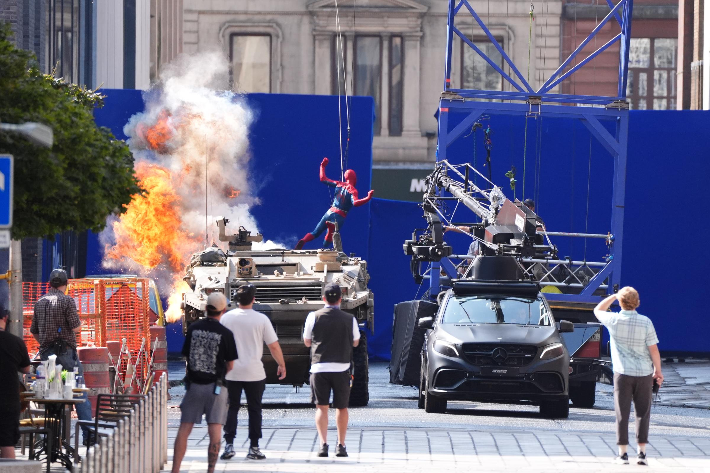 A person in a Spider-Man suit during filming for the latest superhero franchise "Spider-Man: Brand New Day" on Hutcheson Street in Glasgow on August 13, 2025 | Source: Getty Images