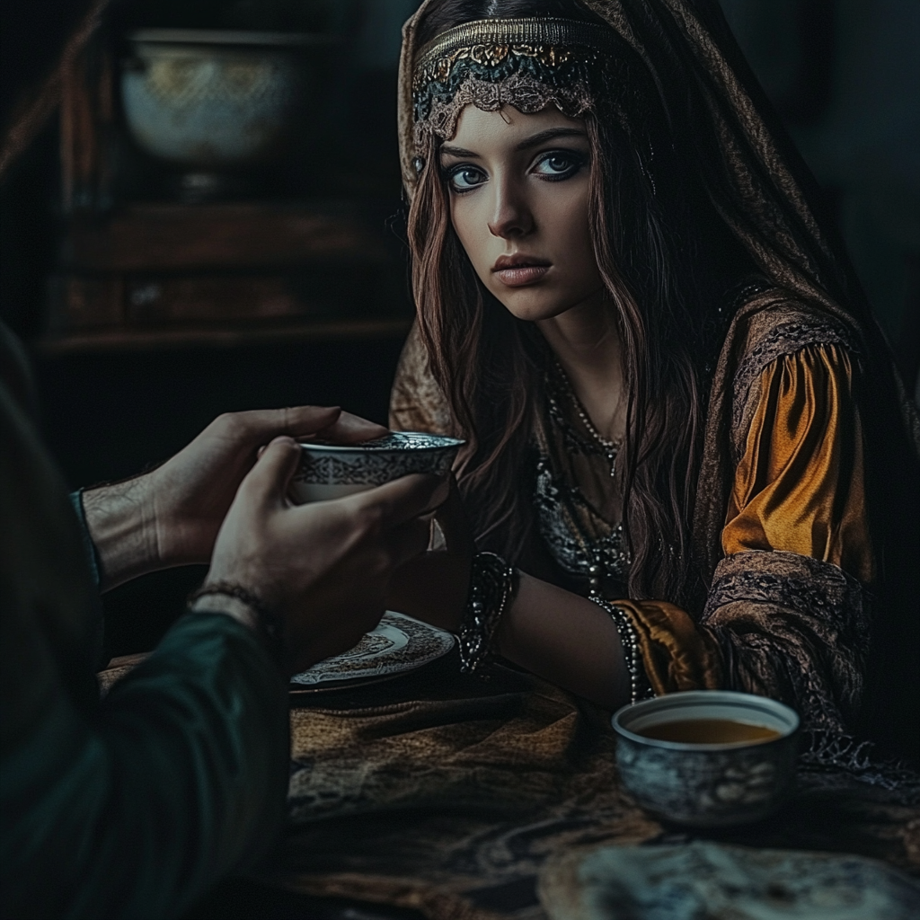 A woman drinking tea with a fortune teller | Source: Midjourney