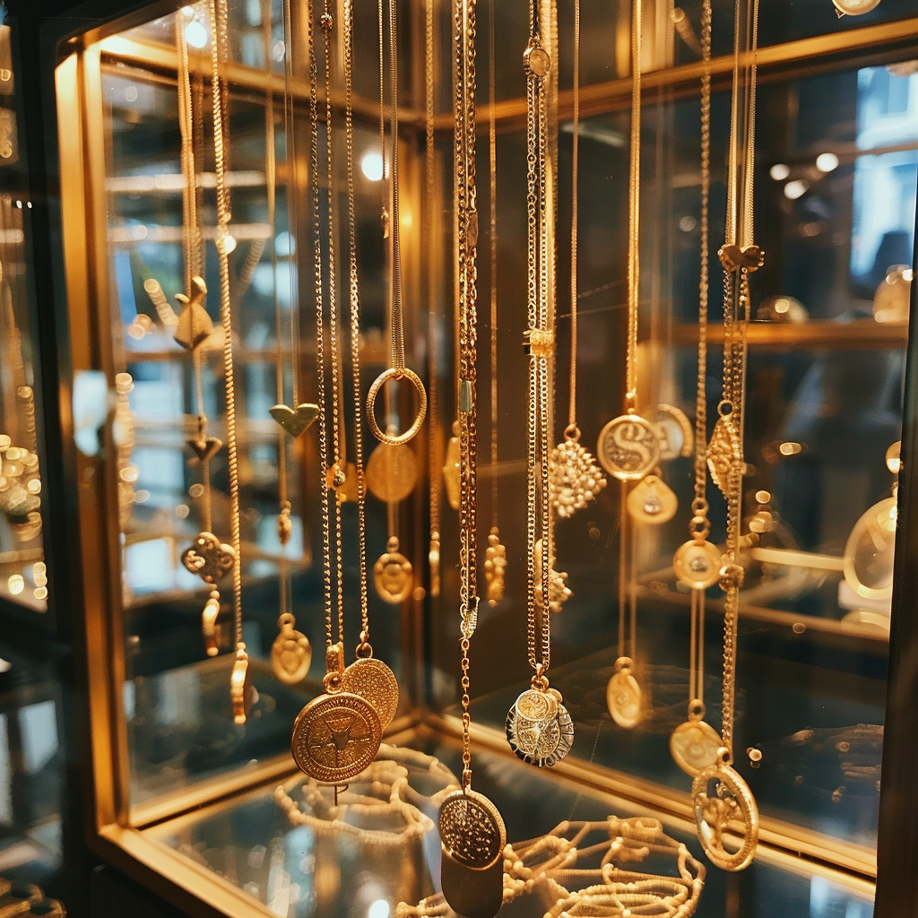 An exhibit of gold necklaces | Source: Midjourney