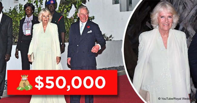 Camilla turns heads in floor-length chiffon dress and $50,000 clover earrings