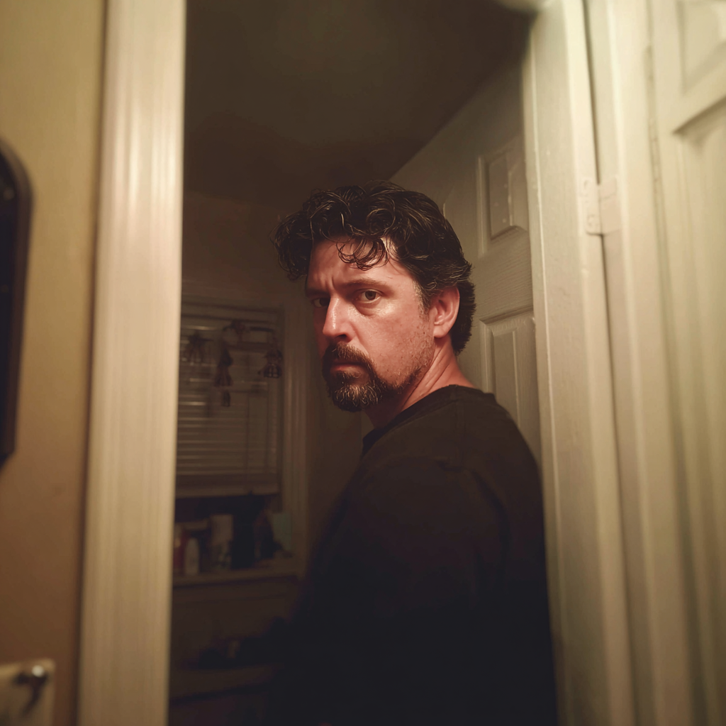 A man standing in the doorway to a bathroom | Source: Midjourney