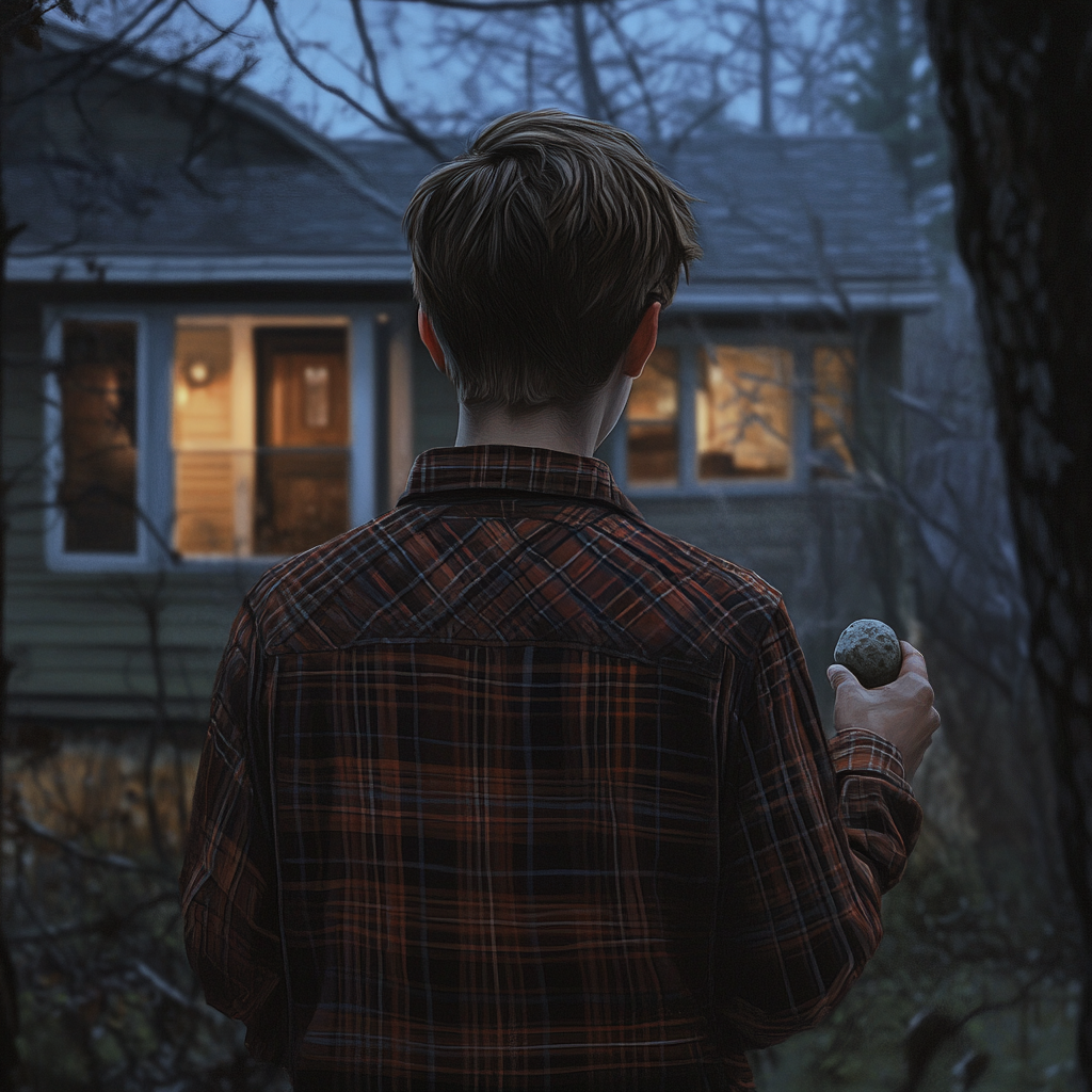 Rear shot of a teenage boy holding a rock and standing outside a house at night | Source: Midjourney