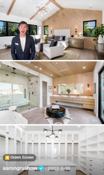 The property includes a spacious primary suite, a spa-like bathroom, and a custom walk-in closet. | Source: TikTok/aarongrushow