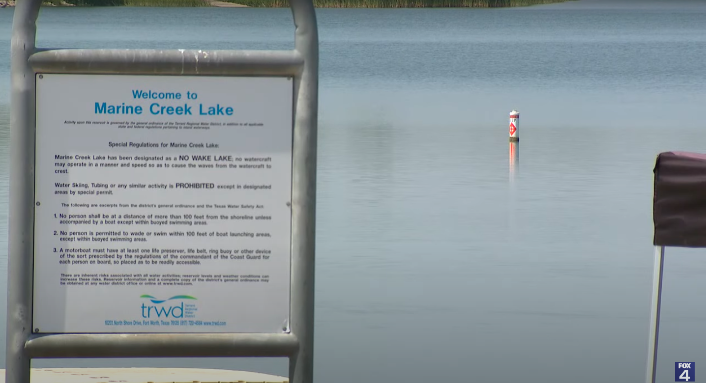 A snapshot of Marine Creek Lake where Lazar Dukic drowned, posted on August 9, 2024 | Source: YouTube/FOX 4 Dalla-Fort Worth