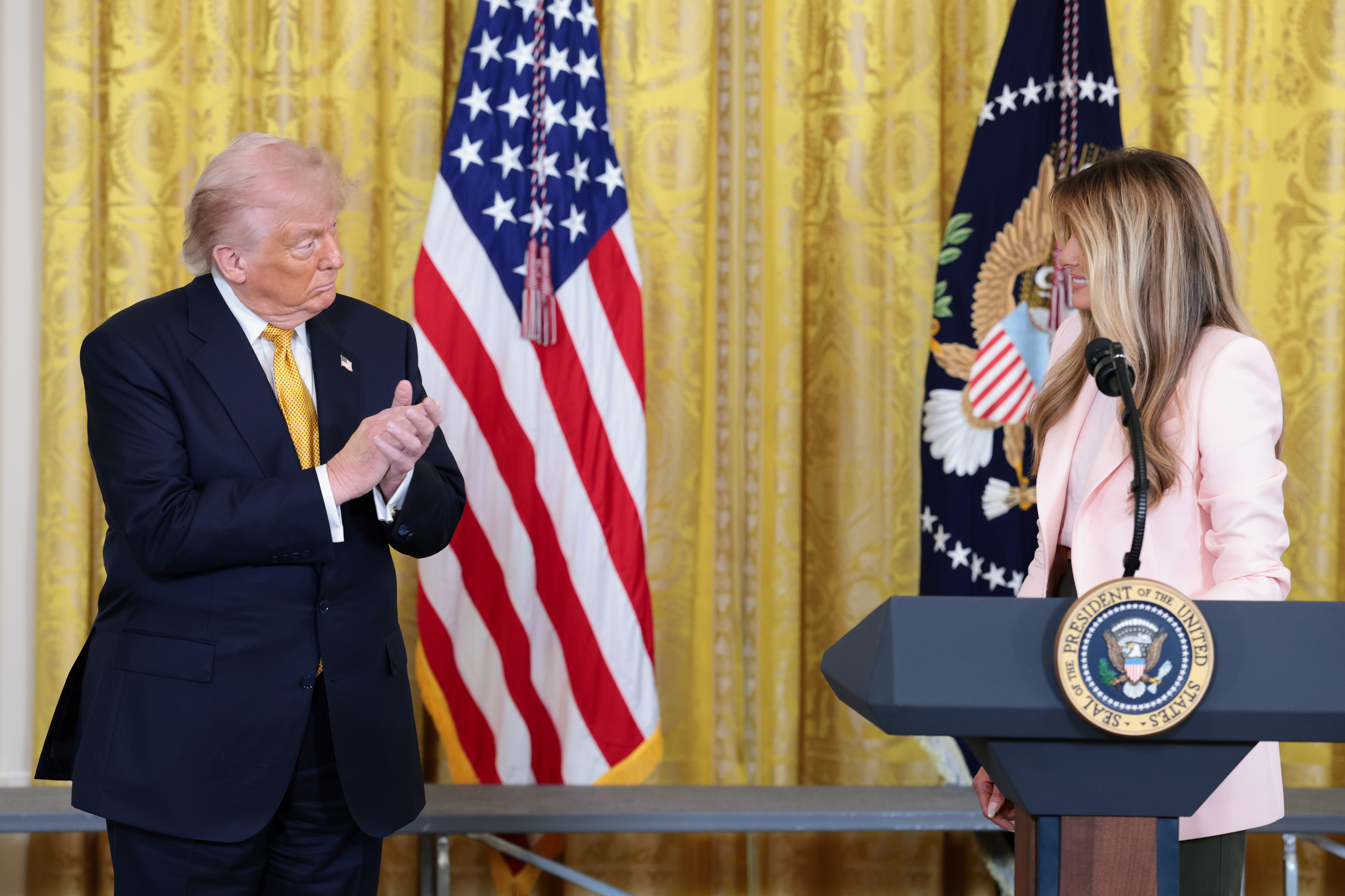 Donald and Melania Trump participate in a Military Mother's Day Event in the East Room of the White House in Washington, DC, on May 6, 2026 | Source: Getty Images