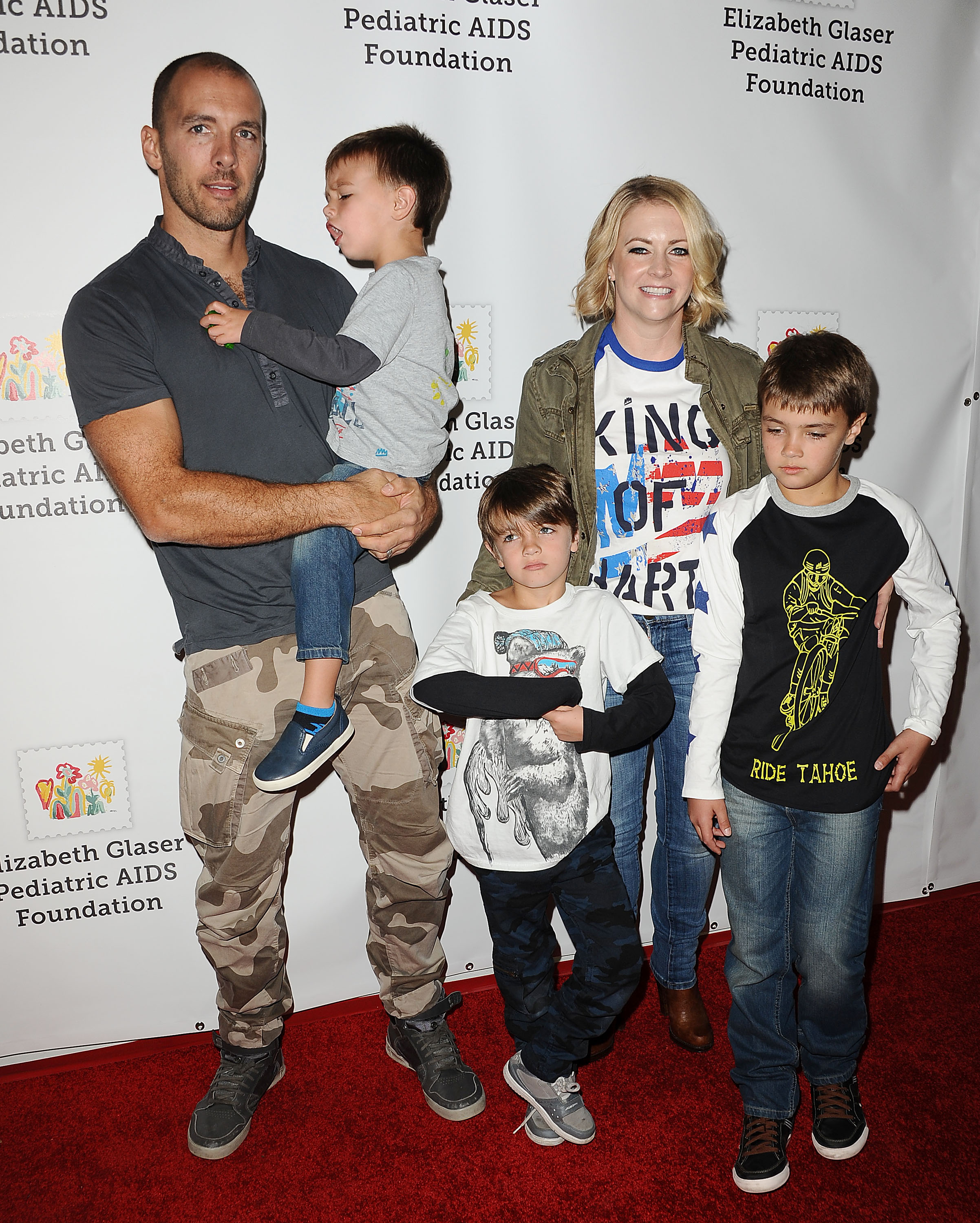 Mark Wilkerson and Melissa Joan Hart with their children Braydon, Mason, and Tucker attend the Elizabeth Glaser Pediatric AIDS Foundation's 26th A Time For Heroes family festival on October 25, 2015 in Culver City, California. | Source: Getty Images