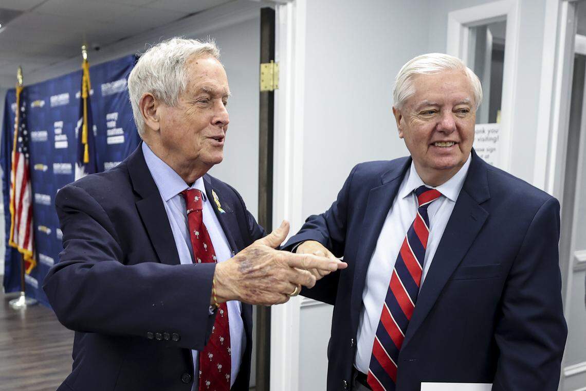 Rep. Joe Wilson and Sen. Lindsey Graham greet each other after filing for re-election in South Carolina on March 16, 2026. Just four months later, Graham's sudden death set in motion the process of selecting both an interim senator and a new Republican nominee for the November election. | Source: Getty Images
