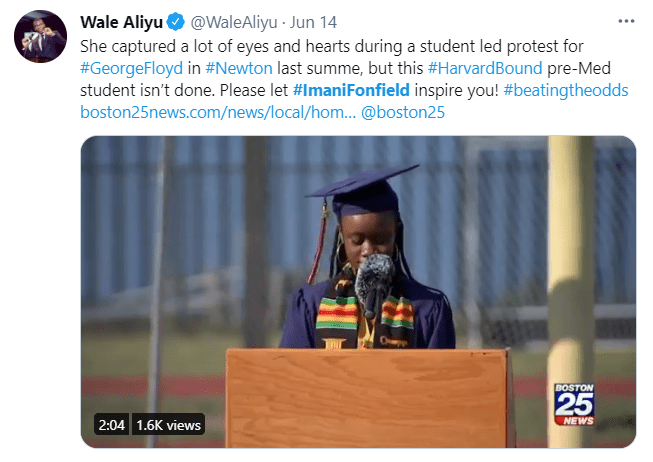 An image on June 14, 2021, of Imani Fonfield during her high school graduation after she was accepted into the Harvard University after being homeless | Photo: Twitter/@WaleAliyu