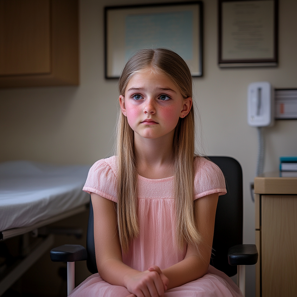 A 13-year-old girl sitting in a doctors clinic | Source: Midjourney