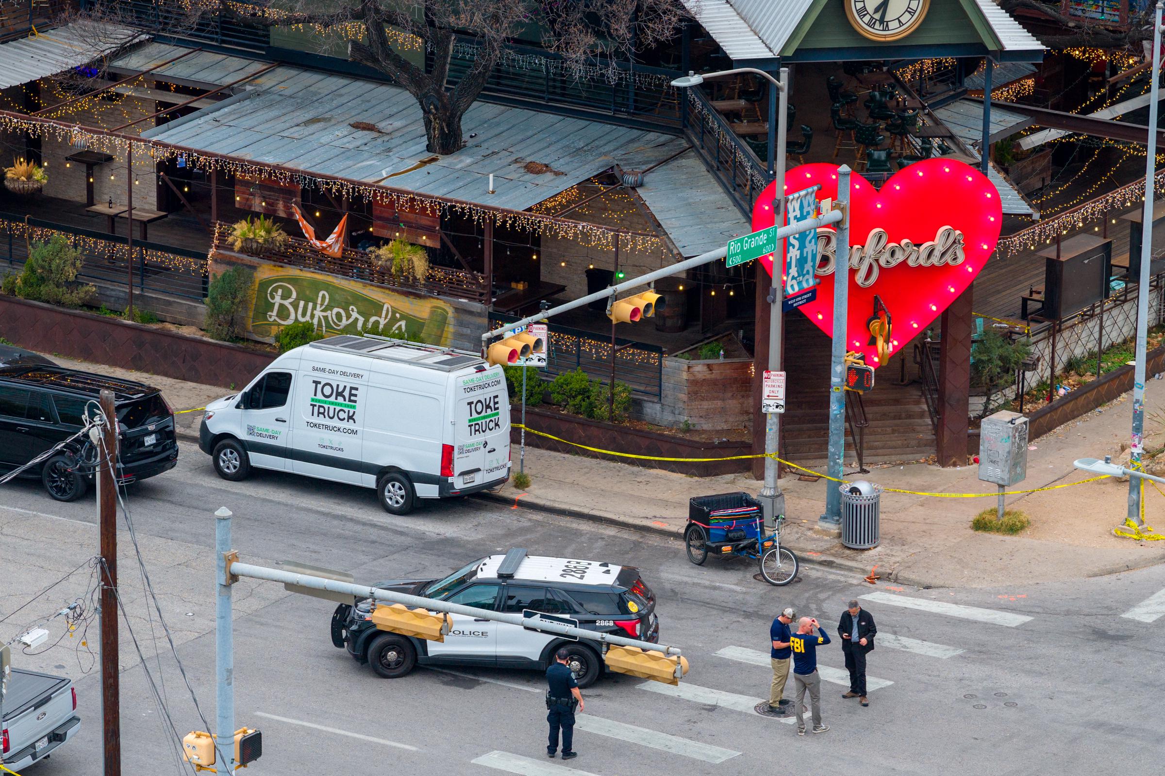 Members of the FBI and local law enforcement patrol and investige outside of Buford's bar in downtown on March 01, 2026 in Austin, Texas | Source: Getty Images